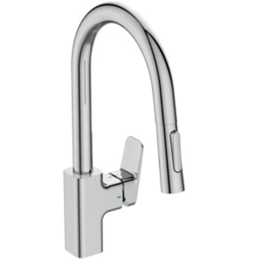 Küchenarmatur aus Chrom von Ideal Standard mit hoch gebogenem Auslauf und seitlichem Hebel für die Steuerung. Ideal für moderne Küchenumgebungen.